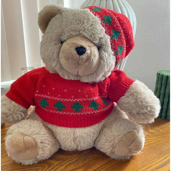 14" Vintage Tan CHRISTMAS TEDDY BEAR Stuffed Animal Plush Brown Windsor Toys Hat - Picture 11 of 11
